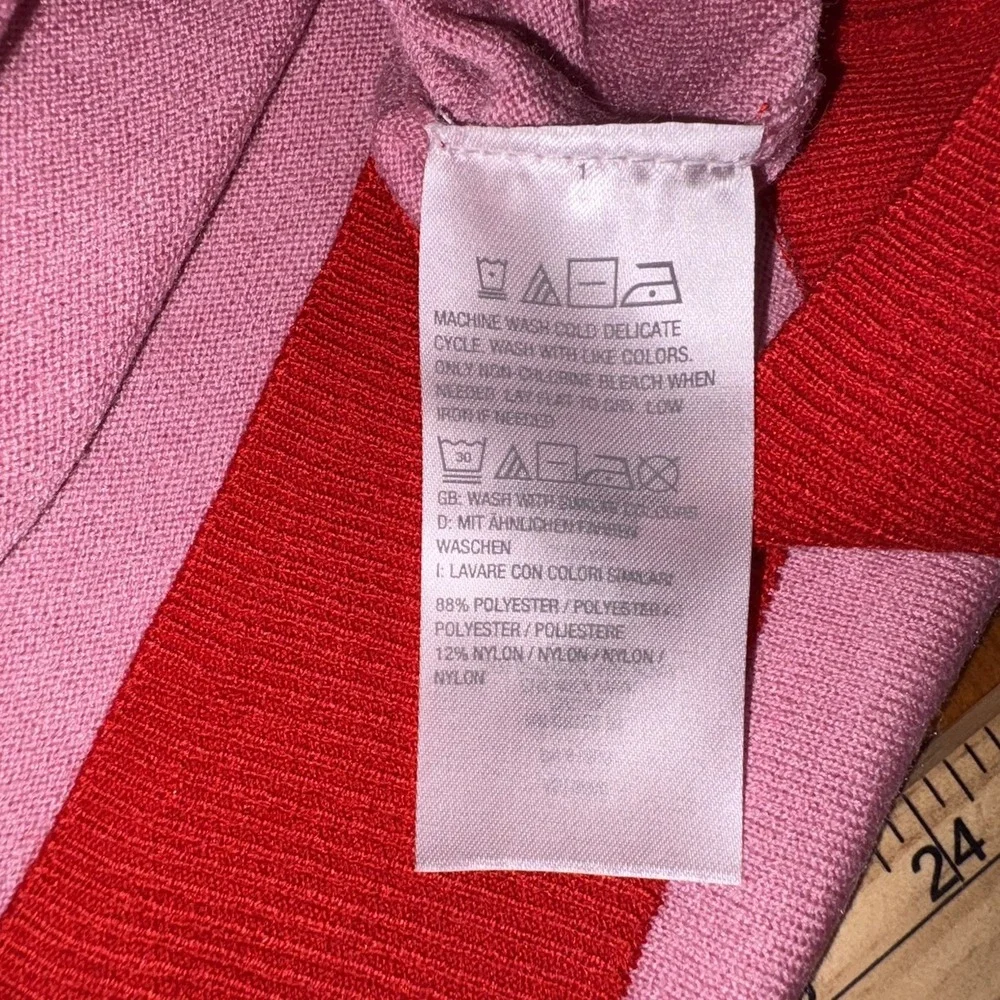 Candace Cameron Bure Pink Red V Neck‎ Button Up Cardigan Sweater XS Ruffle Cuff
